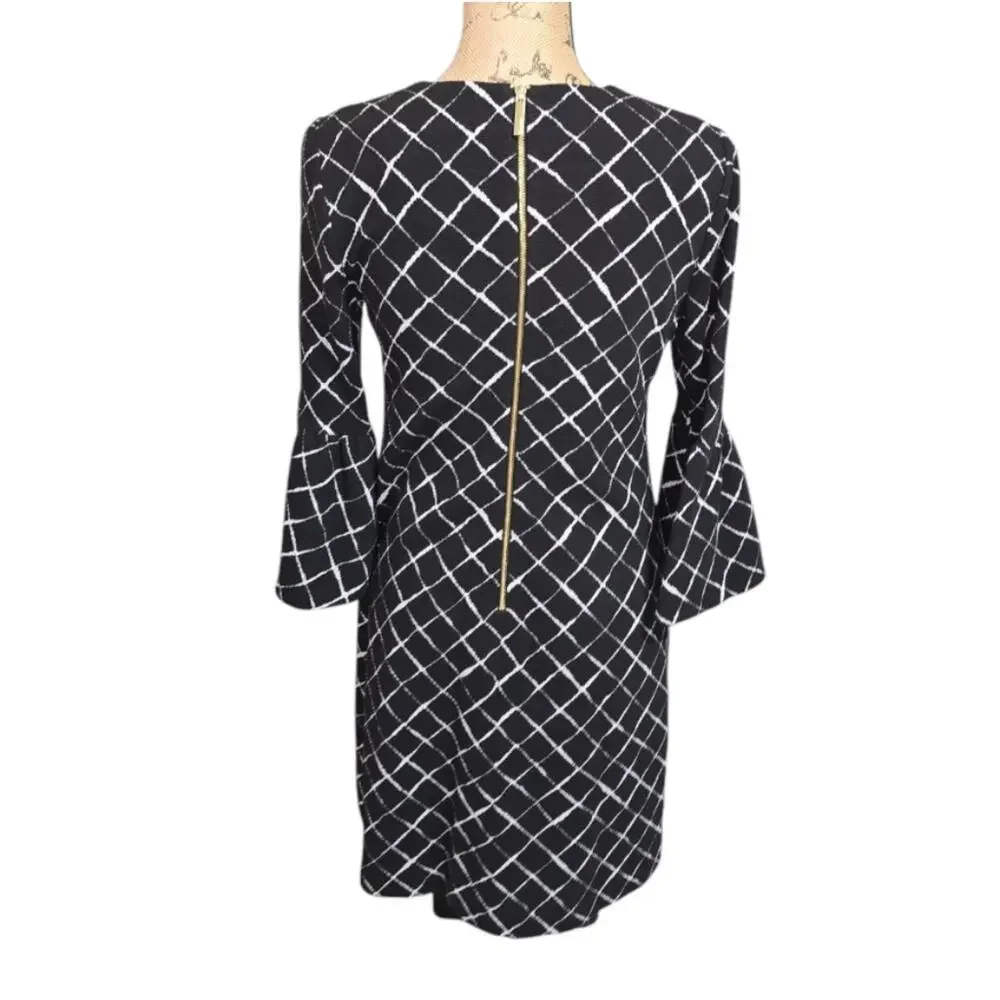 Calvin‎ Klein Bell Sleeve Elegant Black and White Checkered Dress Size 4